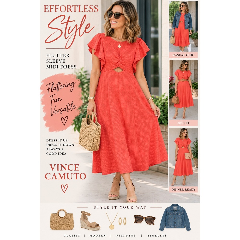 Maison Tara Flutter Sleeve Midi Dress Coral Orange Twist Front Cutout 92004M 12